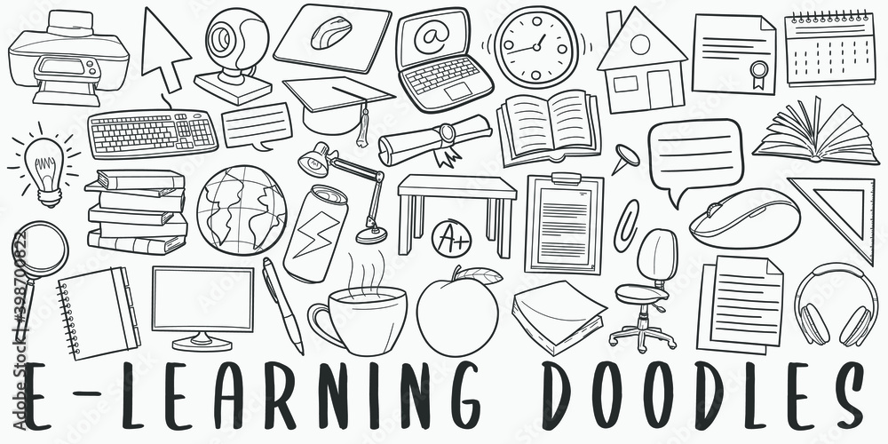 E-Learning, doodle icon set. Online School Style Vector illustration ...