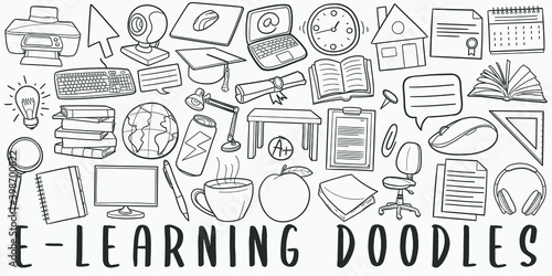 E-Learning, doodle icon set. Online School Style Vector illustration collection. Education Banner Hand drawn Line art style.