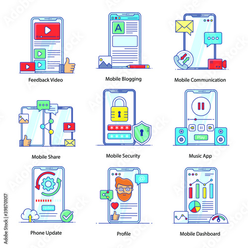 
Pack of Mobile Apps Flat Outline Icons 
