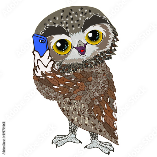 emoji with owl that is talking on the modern smartphone or mobile phone, colored emoticon, vector illustration on white isolated background