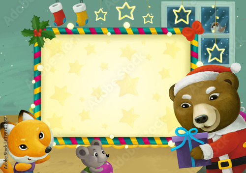 cartoon scene with christmas room and frame illustration