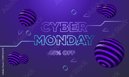 Cyber Monday. Promotional online sale event. Vector technology illustration. Futuristic label design. Textured neon light sign with circuit board pattern. Luminous cyber hologram