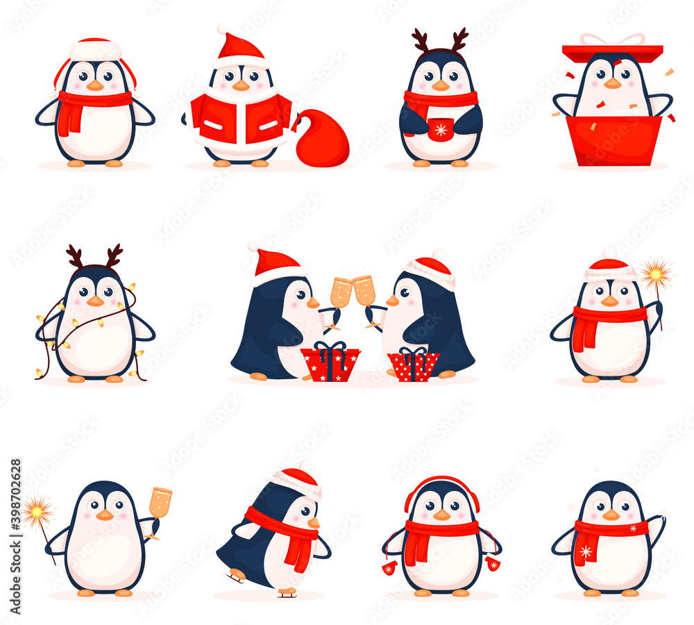 Fototapeta premium Cartoon penguins dressed as Santa Claus. Penguins have fun and celebrate the New Year in snake knitted clothes. Christmas penguins. Vector illustration