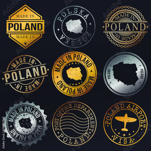 Poland Metal Stamps. Gold Made In Product Seal. National Logo Icon. Symbol Design Insignia Country.