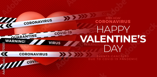 Red valentine love heart and Quarantine biohazard danger. white and black stripes. Coronavirus Covid and valentine day canceled concept. Vector illustration