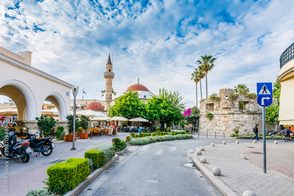 Famous Eleftherias square view in Kos Town. Kos Island is popular tourist destination in Aegean Sea.
