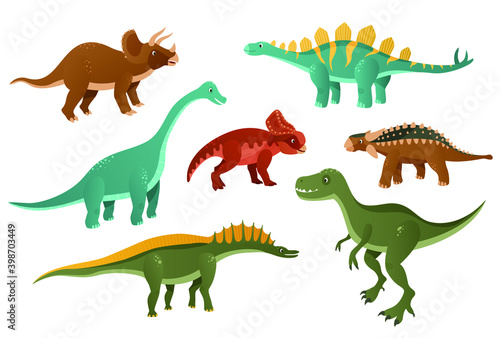 Jurassic dinosaurs are depicted on a white background. Colorful dinosaurs in cartoon style. Seamless patterns. Vector illustration