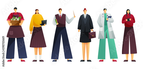 A collection of six professions. Gardener, teacher, doctor, photographer, secretary. Group of people of different professions isolated on white background. Vector illustration