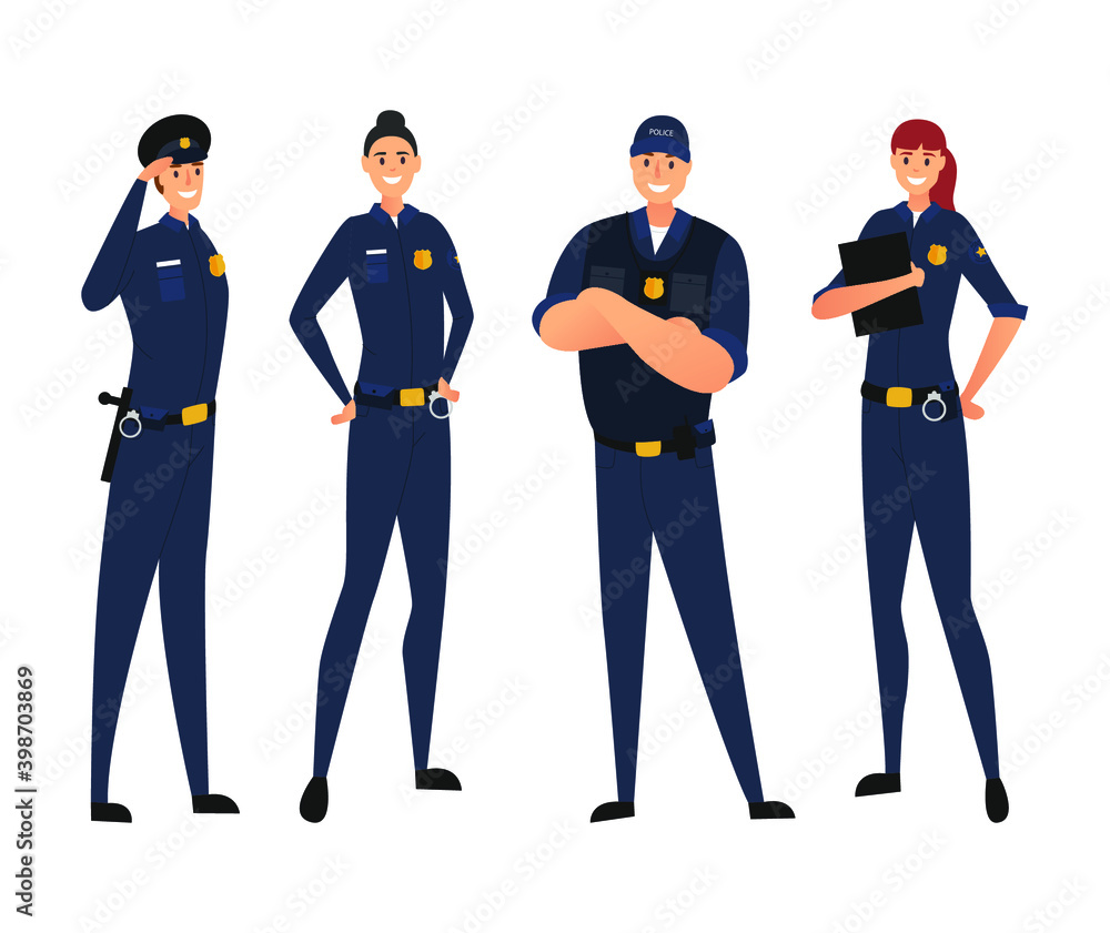 Police in uniform. Protection of citizens. Young law enforcement officers isolated on white background. Vector illustration