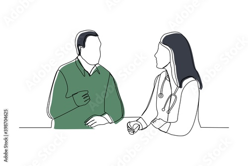 Continuous line drawing of doctor talk and consulting patient. Vector illustration