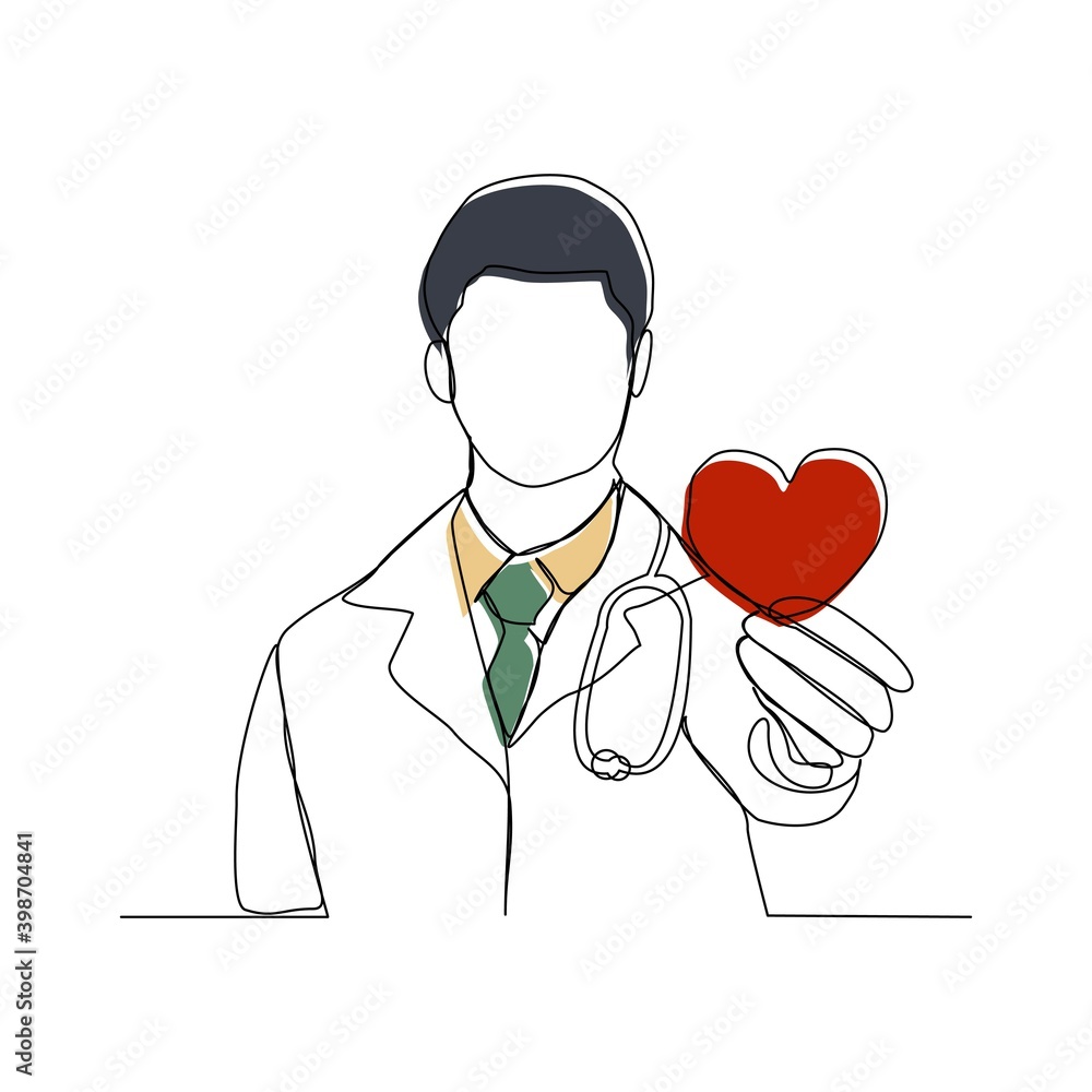 Continuous line drawing of man doctor holding heart on palm hand. Vector illustration Continuous line drawing of man doctor holding heart on palm hand. Vector illustration