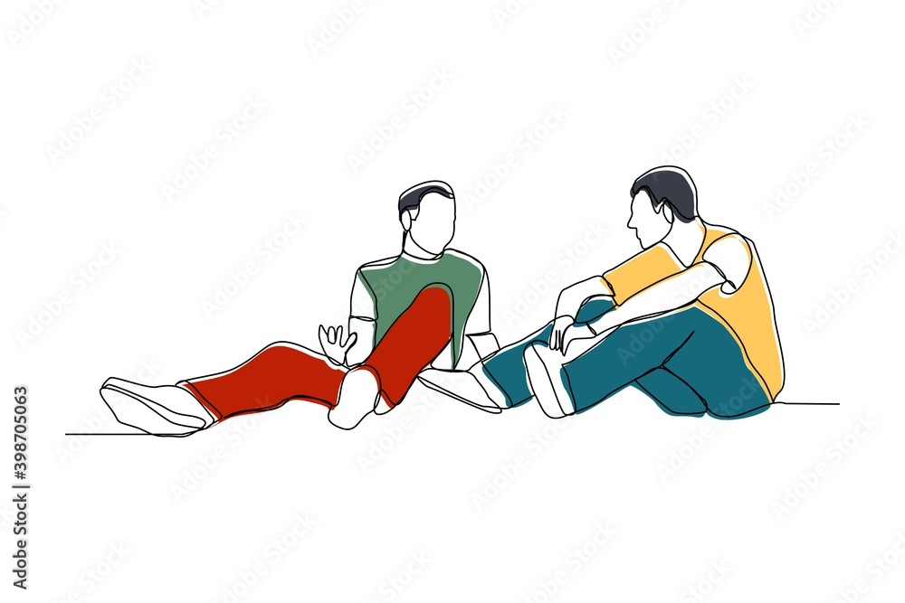 Continuous line drawing of two men sitting and talking discussion. Vector illustration