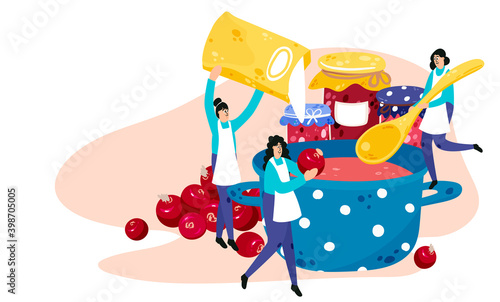 Women making jelly cartoon illustration. Characters cooking jam hand drawn doodle banner design. Preserving goods, confiture, marmalade printing card. 