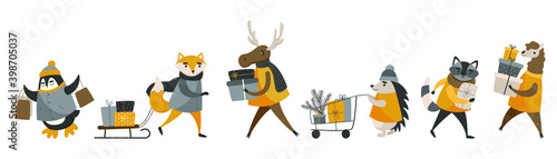 Set of animals going shopping, New Year and Christmas Cute six animals in knitted clothes buy gifts,
bird, fox, deer, hedgehog, raccoon, llama. Vector illustration