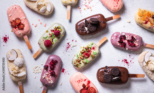 Variety of colored popsicle on a stick. Top view.