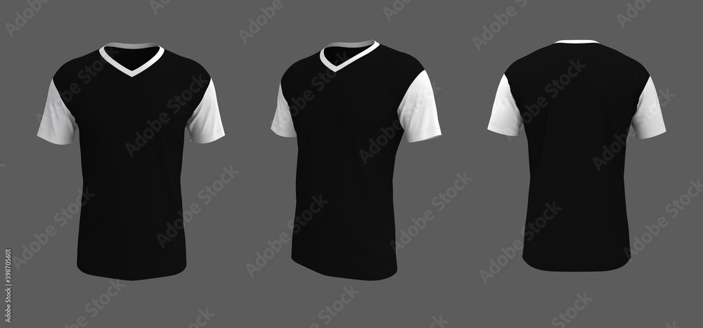 men's colorblock t-shirt mockup in front, side and back views, design presentation for print, 3d illustration, 3d rendering men's colorblock t-shirt mockup in front, side and back views, design presentation for print, 3d illustration, 3d rendering