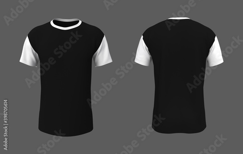 men's colorblock t-shirt mockup in front, and back views, design presentation for print, 3d illustration, 3d rendering