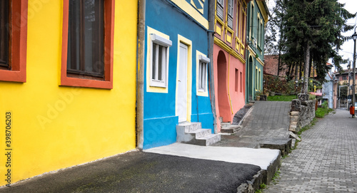 Bright buildings in Sighisoara, Romania