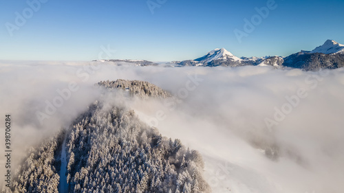 Flying drone above the clouds, Blonay, Switzerland. 