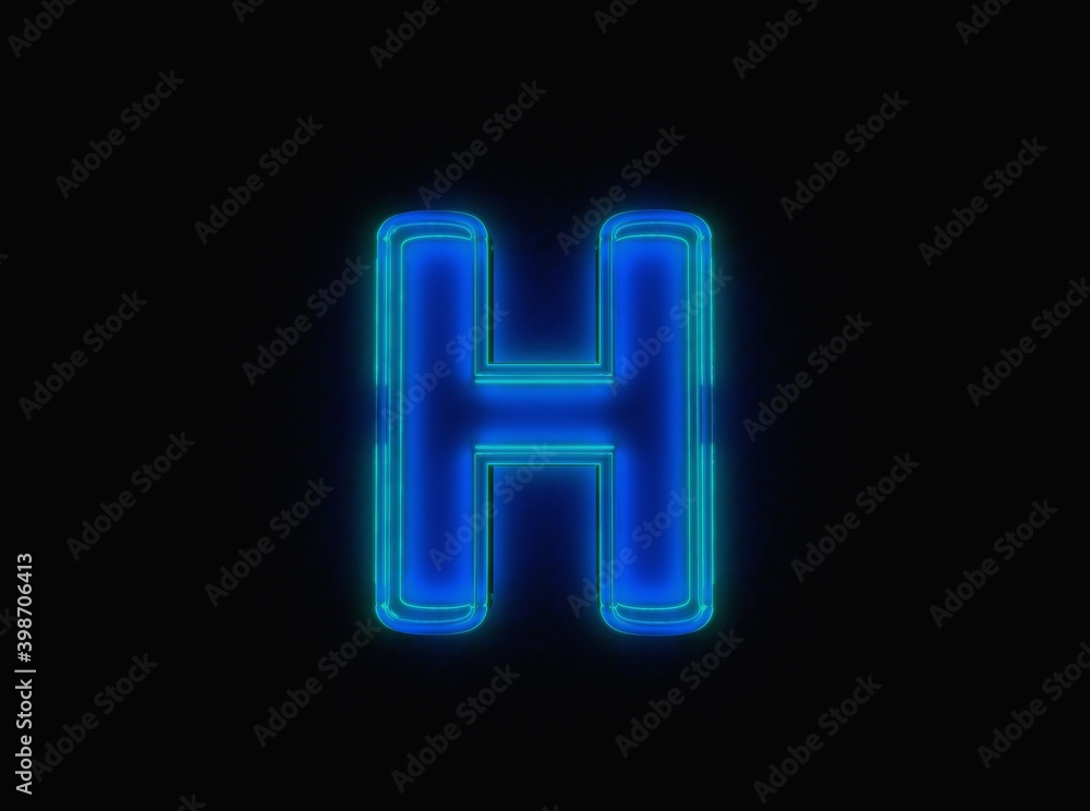 Blue - green neon light glow reflective clear font - letter H isolated on black dark, 3D illustration of symbols Blue - green neon light glow reflective clear font - letter H isolated on black dark, 3D illustration of symbols