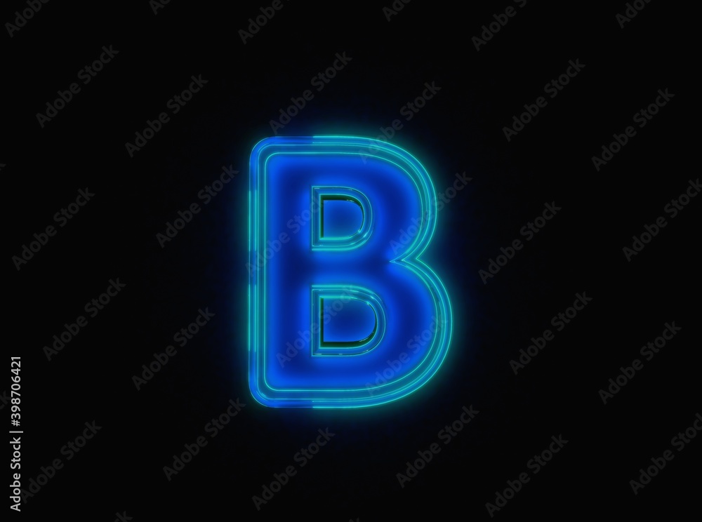 Blue - green neon light glow glassy clear alphabet - letter B isolated on black background, 3D illustration of symbols Blue - green neon light glow glassy clear alphabet - letter B isolated on black background, 3D illustration of symbols