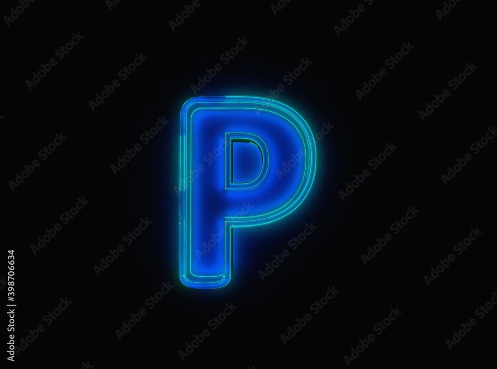 Blue - green neon light glow glassy crystal alphabet - letter P isolated on black background, 3D illustration of symbols Blue - green neon light glow glassy crystal alphabet - letter P isolated on black background, 3D illustration of symbols