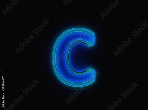 Blue - green neon light glow glassy clear font - letter C isolated on black background, 3D illustration of symbols
