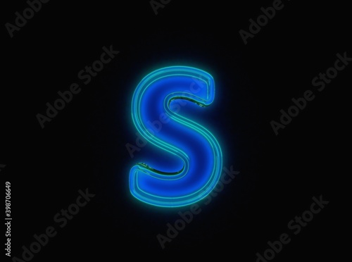 Blue - green neon light glow glass made transparent font - letter S isolated on black background, 3D illustration of symbols