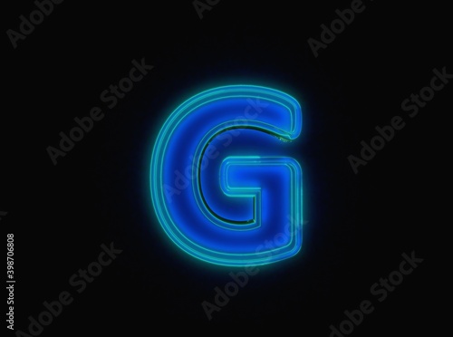 Blue - green neon light glow glassy transparent alphabet - letter G isolated on black background, 3D illustration of symbols