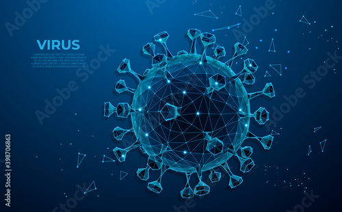 Coronavirus, 2019-nCov. Abstract low poly novel coronavirus concept. Microscopic view of virus cell, close up. Dangerous ncov coronavirus. Microbiology concept. 3D polygonal vector illustration.
