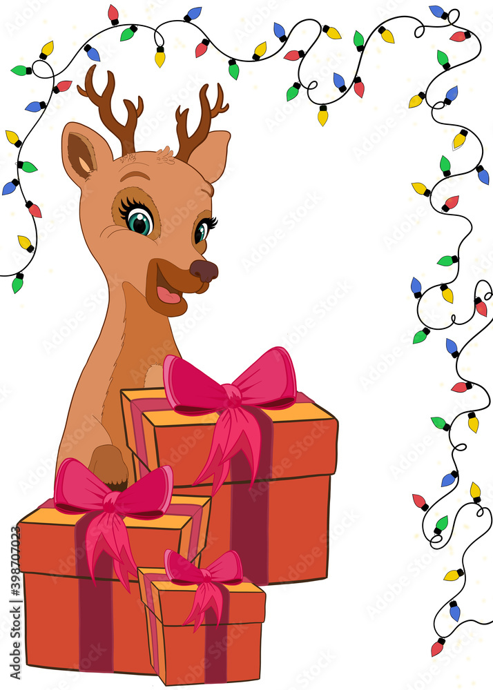 Naklejka premium Watercolor illustration of deer, light and gift box.