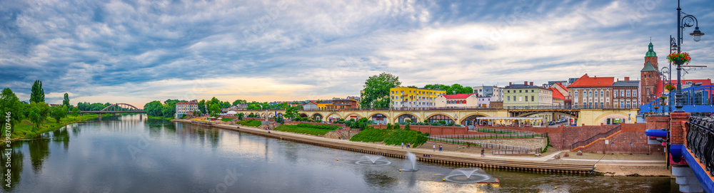 Panorama of Warta river and boulevard in Gorzow Wielkopolski, Poland