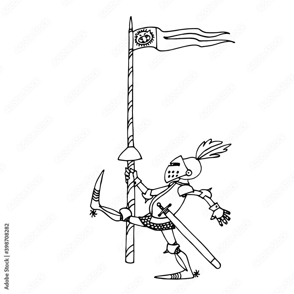 funny medieval knight in metal armor with a spear and a helmet with