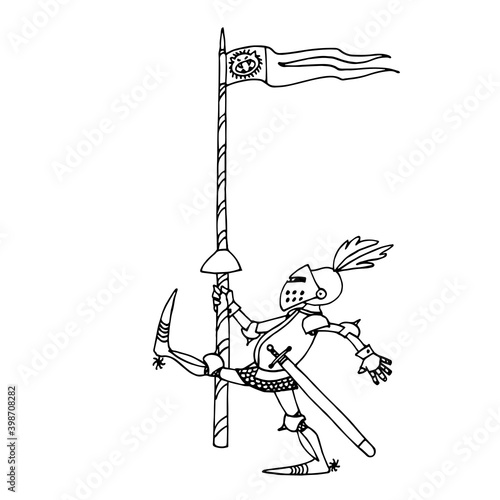 funny medieval knight in metal armor with a spear and a helmet with feathers walks, vector illustration with black ink contour lines isolated on a white background in doodle and hand drawn style
