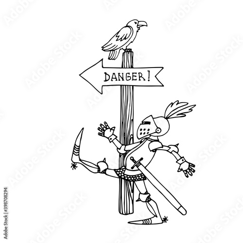 funny medieval knight in metal armor and helmet with feathers goes towards danger, concept of bravery and glory, vector illustration isolated on a white background in a doodle and hand drawn style