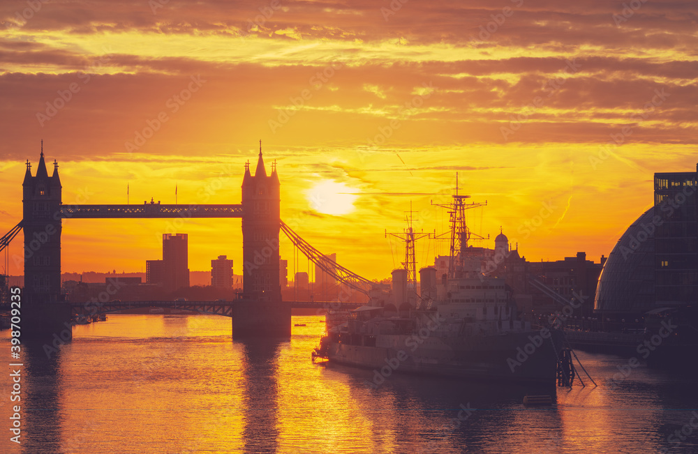 Tower Bridge at sunrise viewed from London Bridge 