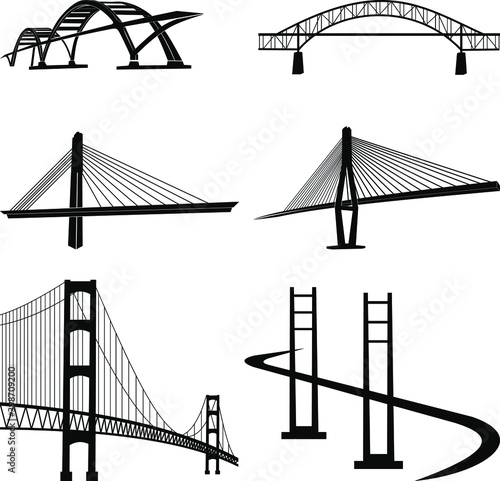 Bridges silhouette perspective vector icon set  bridges constructions  Isolated silhouette bridges icon set 
