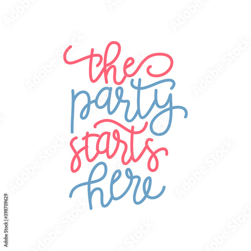 Starts here - hand drawn wedding romantic lettering phrase isolated on the white background. Fun brush ink vector calligraphy quote for invitations, greeting cards design, photo overlays