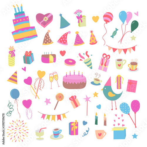 Vector illustration birthday party colorful accessories and decoration  sweet treats  cakes  balloons  candies  gifts in flat cartoon style.