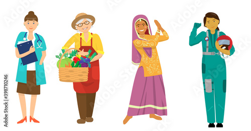 Women Of Different Races And Professions Vector Cartoon Set Illustrations. Woman Doctor, Farmer, Dancer, Pilot.