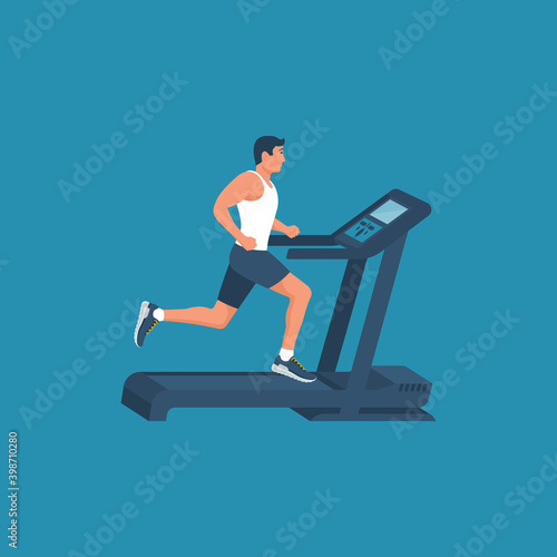 Man on a treadmill. Athlete in sportswear. Training in gym. Isolated on white background. Young attractive male. Active lifestyle. Sports and fitness. Vector illustration flat design. Athletic body.