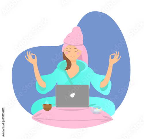 Woman freelancer in bathrobe enjoying working at home. Freelance concept. Online shopping concept.