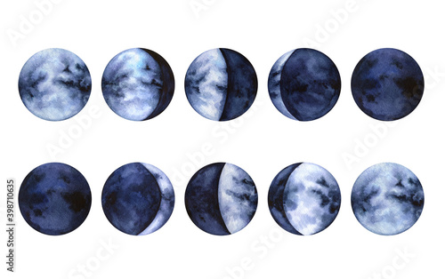Moon phases isolated on white background. Watercolor illustration.