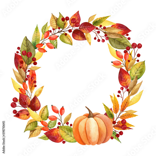 Autumn frame with leaves, berries and pumpkin. Watercolor illustration of a wreath. 