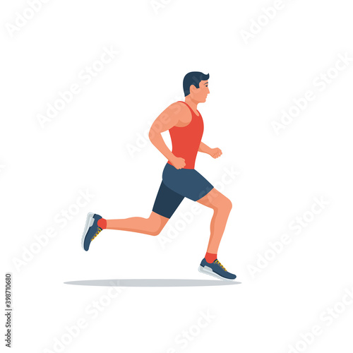 Running man, profile view. Isolated on white background. Young attractive male. Active lifestyle. Sports and fitness. Vector illustration flat design. Athletic body. Isolated on white background.