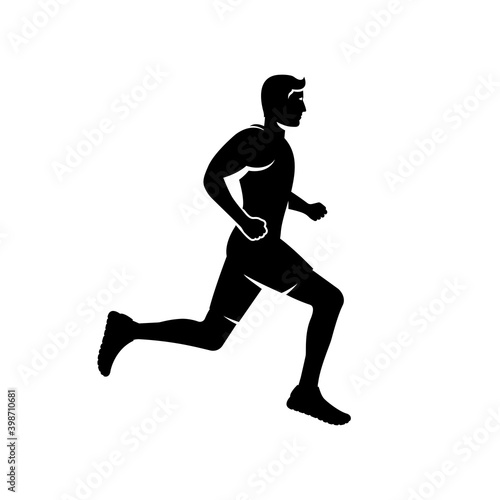 Running man black silhouette. Isolated on white background. Young attractive male. Glyph sports and fitness. Vector illustration flat design.