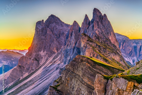 Seceda peak at sunset. Trentino Alto Adige, Dolomites Alps, South Tyrol, Italy, Europe