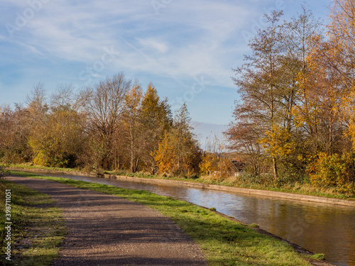 Autumn trees along Leeds Liverpool canal at Pennington Flash, Leigh, Warrington, UK