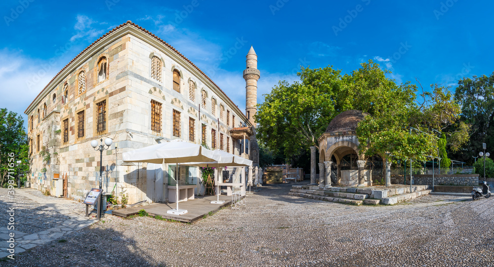 Hippocrates square and Gazi Hasan Pasha Mosque view in Kos Town.Kos Island is popular tourist destination in Aegean Sea.