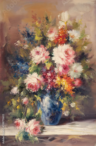 Fototapeta Naklejka Na Ścianę i Meble -  Still life vase with rose flowers. Oil painting picture